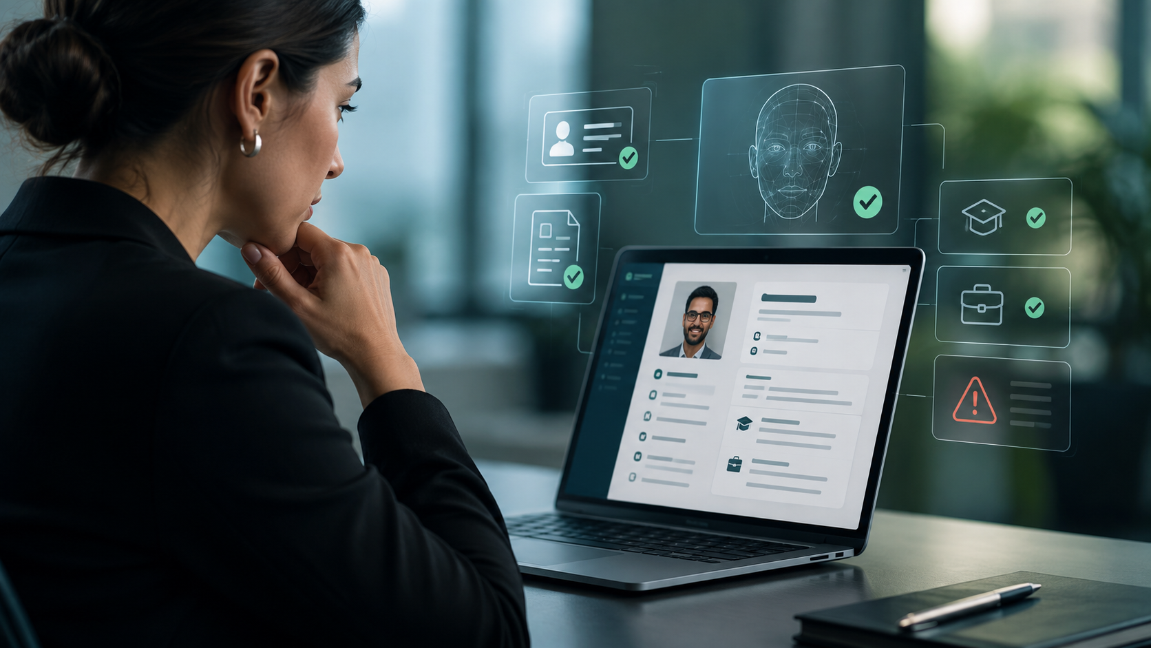Recruiter reviewing a candidate profile with AI-powered identity and credential verification checks