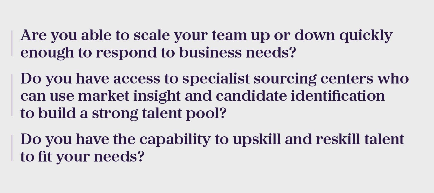 Are you able to scale your team up or down quickly enough to respond to business needs?; 	Do you have access to specialist sourcing centres who can use market insight and candidate identification to build a strong talent pool?;? 	Do you have the capability to upskill and reskill talent to fit your needs?