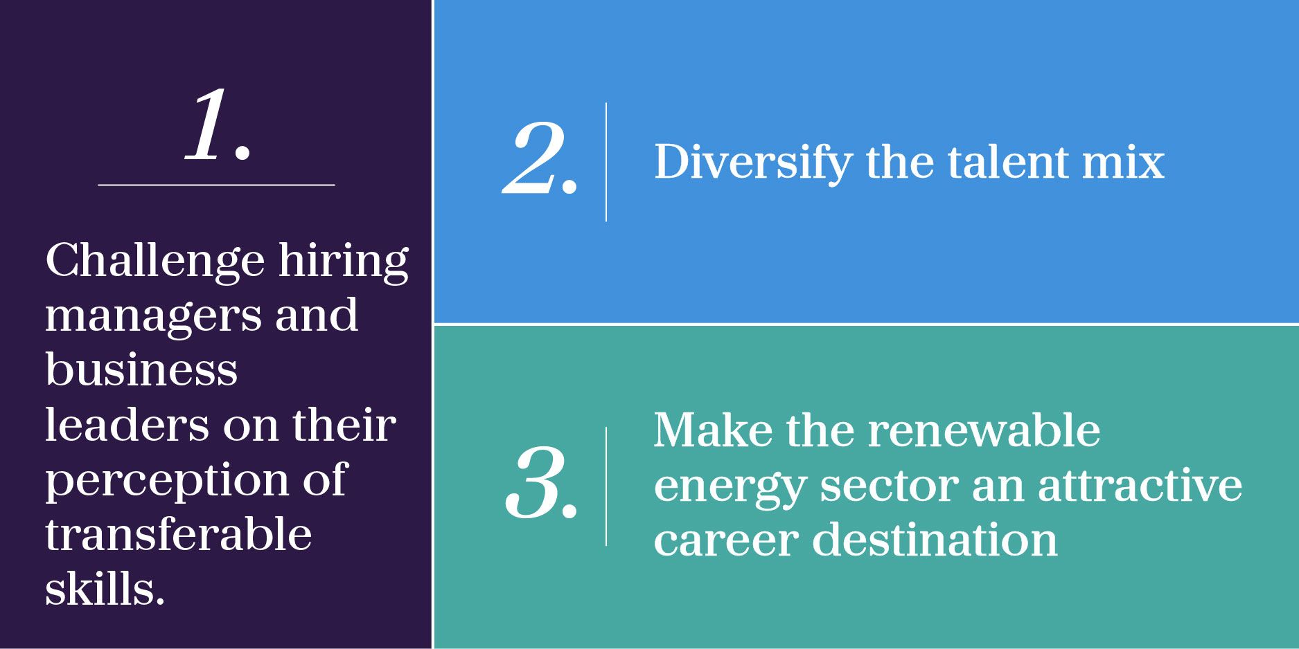 (1) Challenge hiring managers and business leaders on their perception of transferrable skills. (2) Diversify the talent mix (3) Make the renewable energy sector an attractive career destination